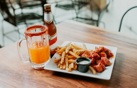 Spicy chicken wings with french fries and beer served on wooden table with copy spaceの写真素材
