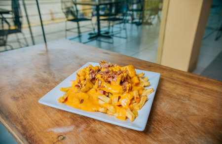 French fries dipped in yellow cheese with bacon on wooden table. Close up of french fries covered with cheddar cheese and bacon on wooden tableの写真素材