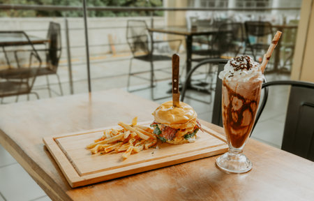 Big hamburger with fries and milkshake on restaurant table. Classic burger with fries and milkshake on wooden board with copy spaceの写真素材
