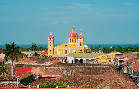 Beautiful colonial cathedral of Granada seen from the viewpoint of the La Merced churchの写真素材