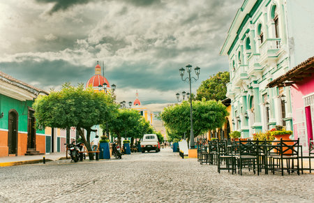 La Calzada Street, Granada, Nicaragua. Tourist street La Calzada, Granada Nicaraguaの写真素材