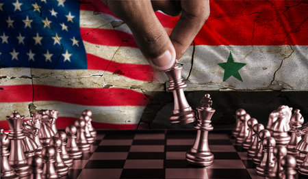 USA vs Yemen flag concept on chessboard. Conflict between USA and Yemen on pieces of chessboard. War between Yemen and USAの写真素材