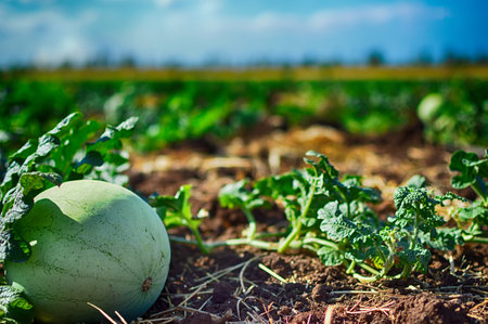 Close up of a watermelon in a vegetable gardenの写真素材