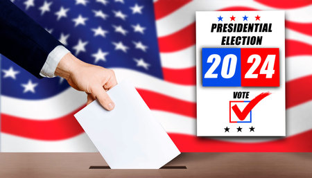 USA vote presidential 2024. Hand holding ballot in voting ballot box with USA flag in background