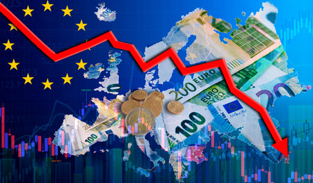 Fall of the euro on the European map. Concept of falling value of the euroの写真素材