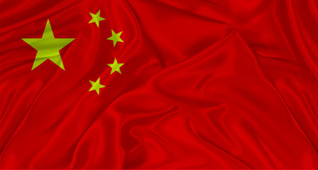Realistic China flag waving. Close up of flag of China with cloth textureの写真素材