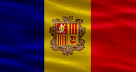 Andorra flag with fabric texture waving. Close up of flag of Andorra with cloth textureの写真素材