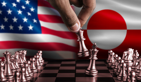 Political tension between USA and Greenland. Greenland vs USA flag on chessboard. Greenland territory conflictの写真素材