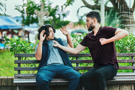 Two male friends arguing on a park bench. Two guys arguing sitting on a benchの写真素材
