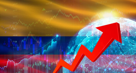 Global financial growth with Colombia flag. Financial growth with Colombia flag on economic backgroundの写真素材
