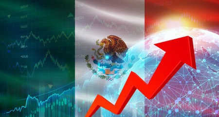 Global financial growth with Mexico flag. Financial growth with Mexico flag on economic backgroundの写真素材