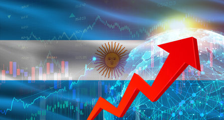 Global financial growth with Argentina flag. Financial growth with Argentina flag on economic backgroundの写真素材