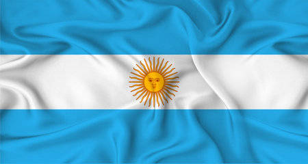 Realistic Argentina flag waving. Close up of flag of Argentina with cloth textureの写真素材