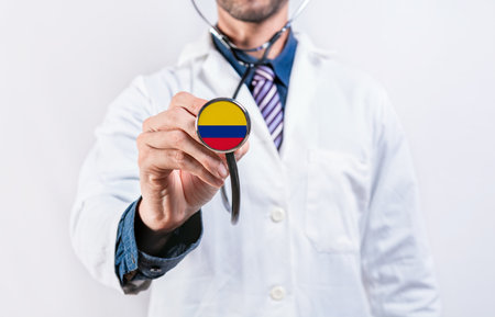 Colombia healthcare system, doctor holding stethoscope. Colombia health and medical insurance conceptの写真素材