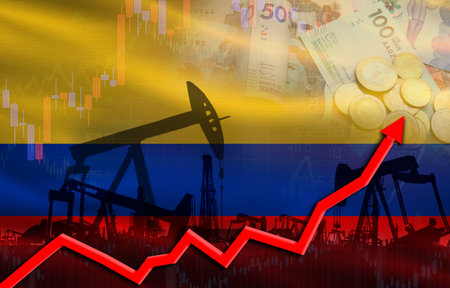 Oil production with Colombia flag, petroleum industry. Oil pumps with Colombia flagの写真素材