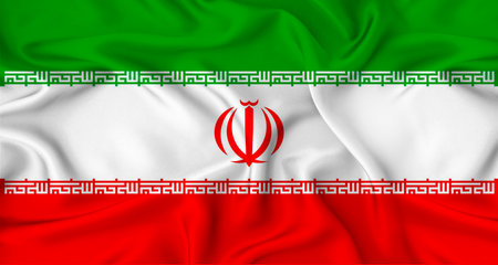 Realistic Iran flag waving. Close up of flag of Iran with cloth textureの写真素材