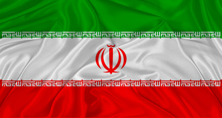 Flag of Iran with cloth texture. Close up of Iran flag wavingの写真素材