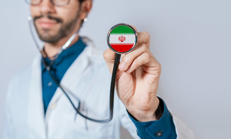 Doctor holding stethoscope with Iran flag. Iran health and care concept, Iran flag on stethoscopeの写真素材