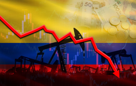 Petrol crisis with Colombia flag on financial graph. Fall oil price with flag of Colombia on economic chartの写真素材