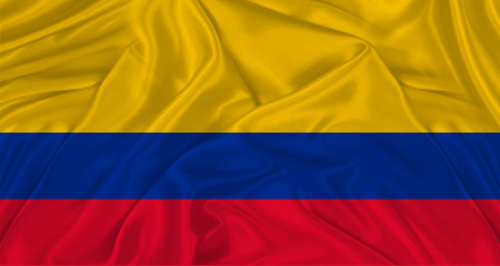 Flag of Colombia with cloth texture. Close up of Colombia flag wavingの写真素材