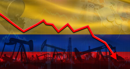 Fall oil price with flag on economic chart. Petrol crisis with flag on financial graphの写真素材