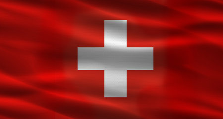 Switzerland flag with fabric texture. Realistic flag of Switzerland wavingの写真素材