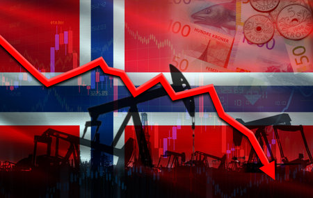 Petrol crisis with Norway flag on financial graph. Fall oil price with flag of Norway on economic chartの写真素材