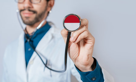 Doctor holding stethoscope with Monaco flag. Monaco health and care concept, Monaco flag on stethoscopeの写真素材