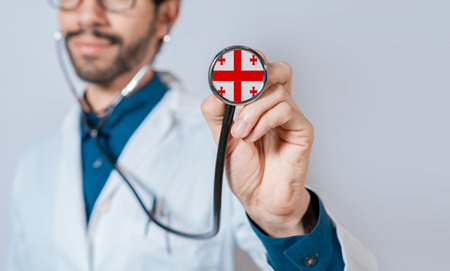 Doctor holding stethoscope with Georgia flag. Georgia health and care concept, Georgia flag on stethoscopeの写真素材