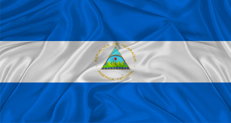 Flag of Nicaragua with cloth texture. Close up of Nicaraguan flag wavingの写真素材