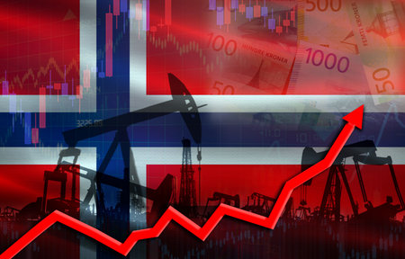 Oil production with Norway flag, petroleum industry. Oil pumps with Norway flagの写真素材