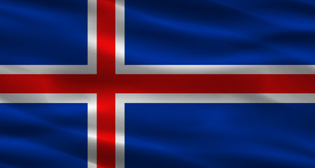 Iceland flag with fabric texture. Realistic flag of Iceland wavingの写真素材