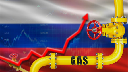 Gas pipeline with Russia flag in background. Increase in gas production with Russian flag, Conceptの写真素材