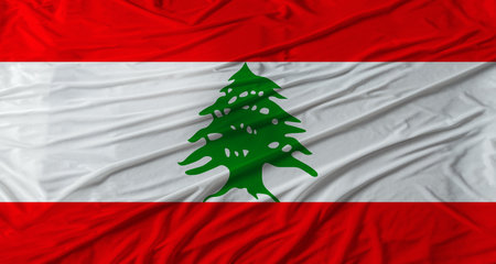 Close up of Lebanon flag waving. Flag of Lebanon with cloth textureの写真素材