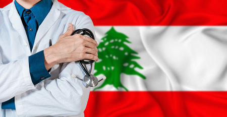 Doctor with stethoscope on Lebanon flag. Doctor holding stethoscope on Lebanon flagの写真素材