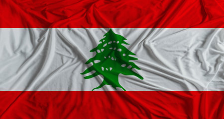 Lebanese flag with fabric texture background. National flag of Lebanon with cloth textureの写真素材