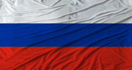 Close up of Russia flag waving. Flag of Russia with cloth textureの写真素材