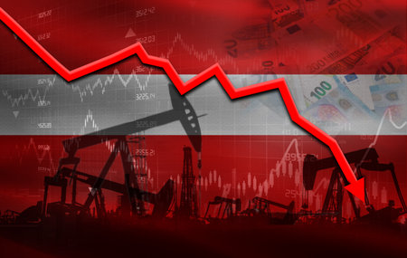 Petrol crisis with Latvia flag on financial graph. Fall oil price with flag of Latvia on economic chartの写真素材