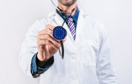 European Union healthcare system, doctor holding stethoscope. European Union health and medical insurance conceptの写真素材