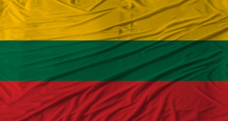 Close up of Lithuania flag waving. Flag of Lithuania with cloth textureの写真素材