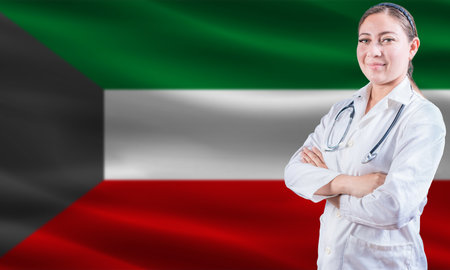 Female doctor on Kuwait flag. Doctor with crossed arms on Kuwait flag. Kuwait health and care conceptの写真素材