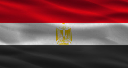 Egypt flag with fabric texture. Realistic flag of Egypt wavingの写真素材