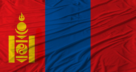 Close up of Mongolia flag waving. Flag of Mongolia with cloth textureの写真素材