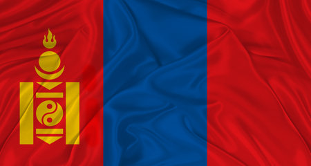 Flag of Mongolia with cloth texture. Close up of Mongolia flag wavingの写真素材