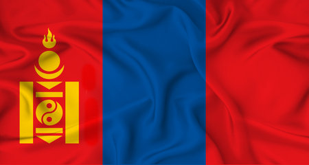 Realistic Mongolia flag waving. Close up of flag of Mongolia with cloth textureの写真素材