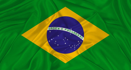 Flag of Brazil with cloth texture. Close up of Brazil flag waving