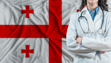 Medical professional on Georgia flag. Healthcare and wellness in Georgia, Conceptの写真素材