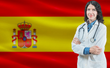 Spanish medicine and healthcare concept. Doctor close up against Spain flag backgroundの写真素材