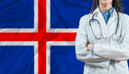 Medical professional on Iceland flag. Healthcare and wellness in Iceland, Conceptの写真素材
