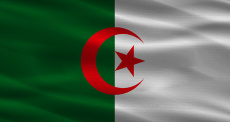 Algeria flag with fabric texture; Realistic flag of Algeria wavingの写真素材
